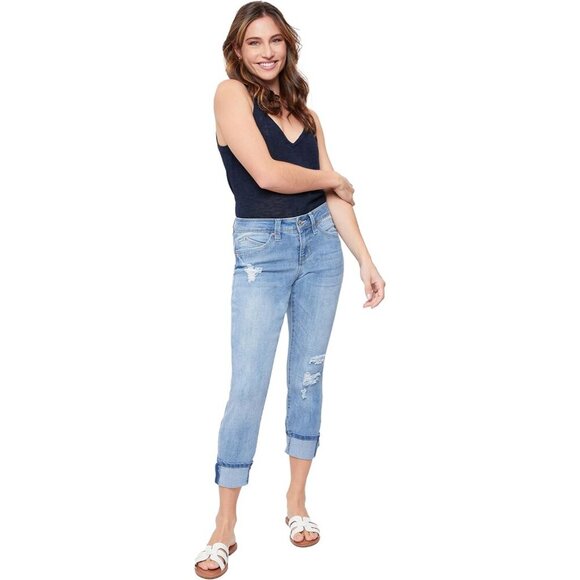 Womens Petite Cuff Jeans Mid Rise Fitted Denim Trendy Casual Fit - Picture 4 of 5